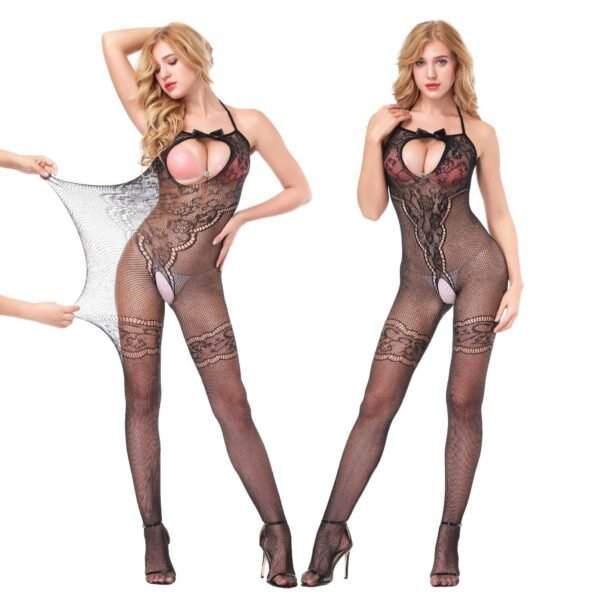 Bow Halter Openwork Lace Open Bodystocking 8990-22704