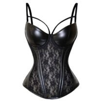 Leather Lace Floral Trim Steel Bone OverBust Corset Top-0