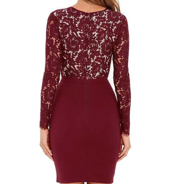 Deep V-Neck Lace-Paneled Long-Sleeved Dress-49880