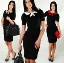 Short Sleeve Slim Bow Dress-0