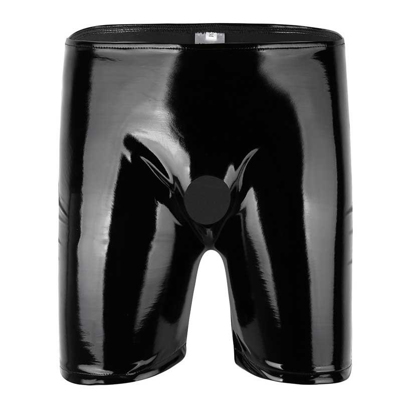 Black Latex Shiny Wetlook Leather Erotic Short Pants Open Penis Hole