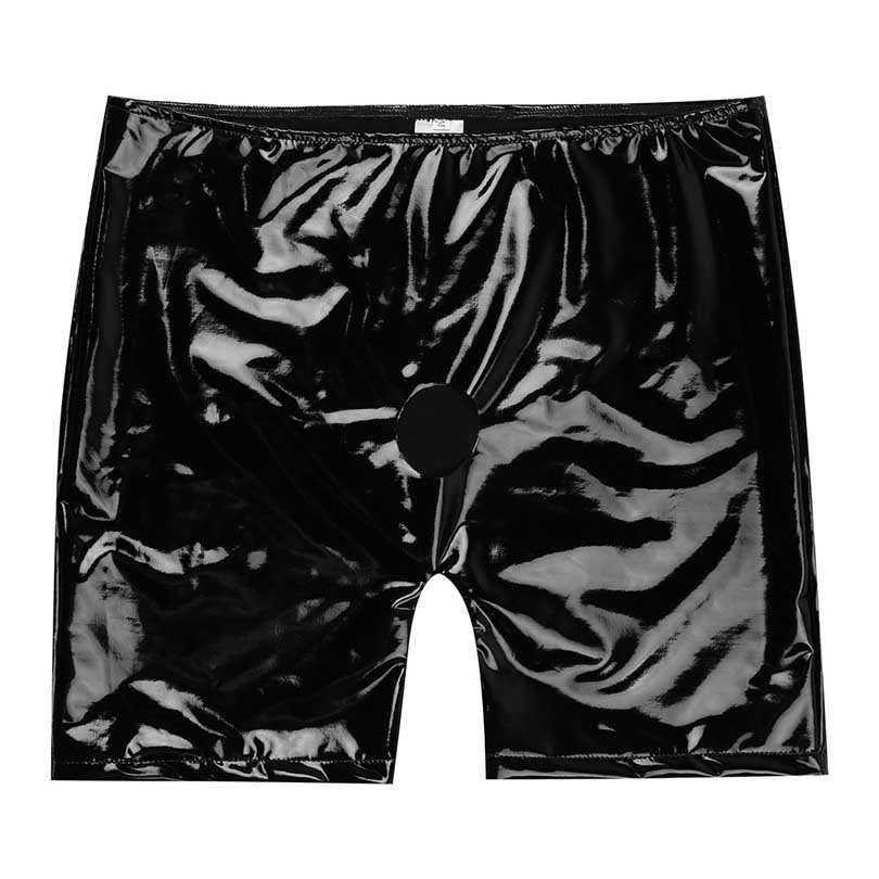 Black Latex Shiny Wetlook Leather Erotic Short Pants Open Penis Hole