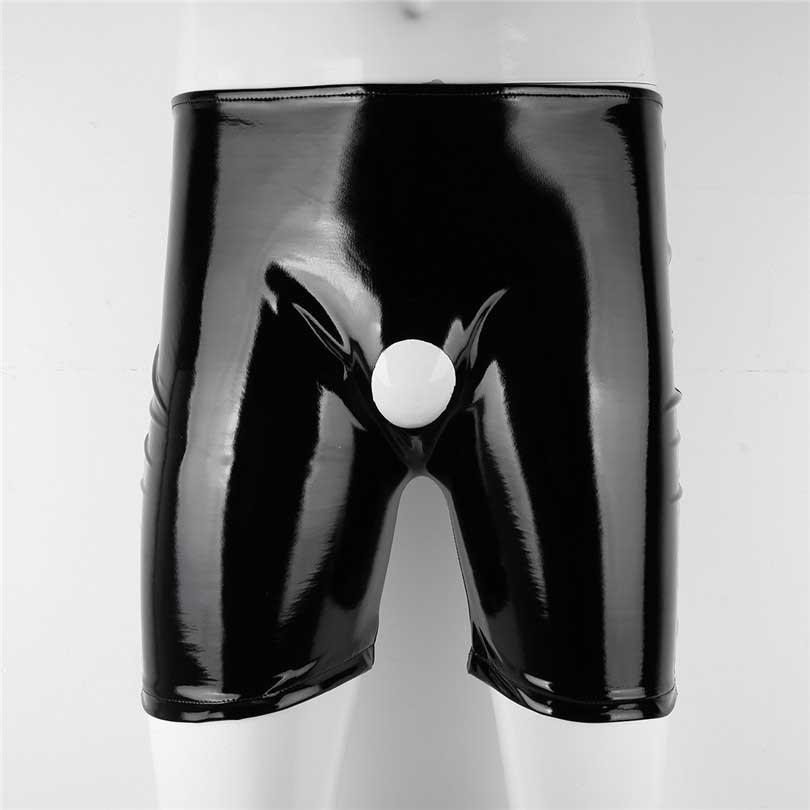 Black Latex Shiny Wetlook Leather Erotic Short Pants Open Penis Hole