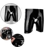 Black Latex Shiny Wetlook Leather Erotic Short Pants Open Penis Hole-0