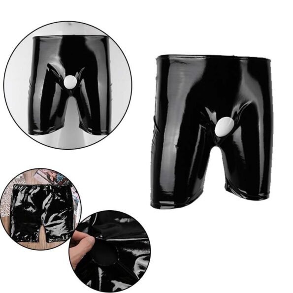 Black Latex Shiny Wetlook Leather Erotic Short Pants Open Penis Hole-56082