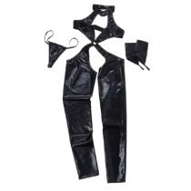 Faux Leather Evening Party Crotchless Erotic Lingerie Bodysuit with G-string and Gloves-56603