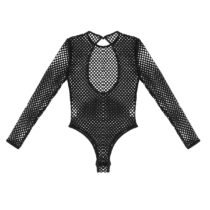 Fishnet See Through Sheer Long Sleeve Open Crotch High Cut Leotard-56654