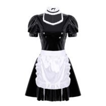 French Maid Puff Sleeve A-line Patent Leather Dress with Apron and Headband-0