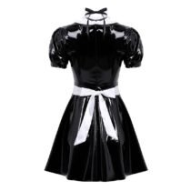 French Maid Puff Sleeve A-line Patent Leather Dress with Apron and Headband-56829