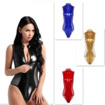High Cut Zipper Open Crotch Wet Look Shiny Patent Leather Teddy-0