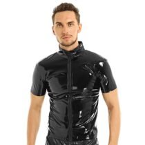 Metallic Novelty Hipster PVC Leather Stand Collar Front Zip Up T-shirt-0