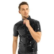 Metallic Novelty Hipster PVC Leather Stand Collar Front Zip Up T-shirt-57449