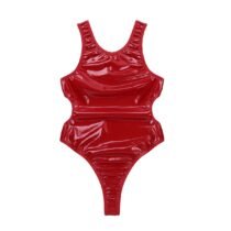 One-piece Latex Wet Look PU Leather Latex Sleeveless Catsuit-57533