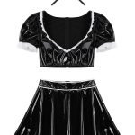 Patent Leather French Maid Costume Outfit Puff Sleeves Crop Top with Short Skirt Choker-0