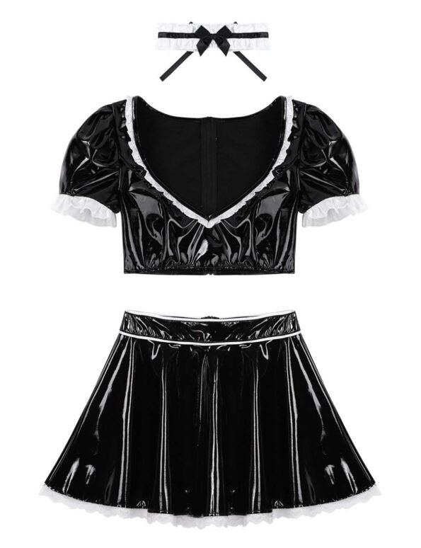 Patent Leather French Maid Costume Outfit Puff Sleeves Crop Top with Short Skirt Choker-57649