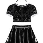 Patent Leather French Maid Costume Outfit Puff Sleeves Crop Top with Short Skirt Choker-0