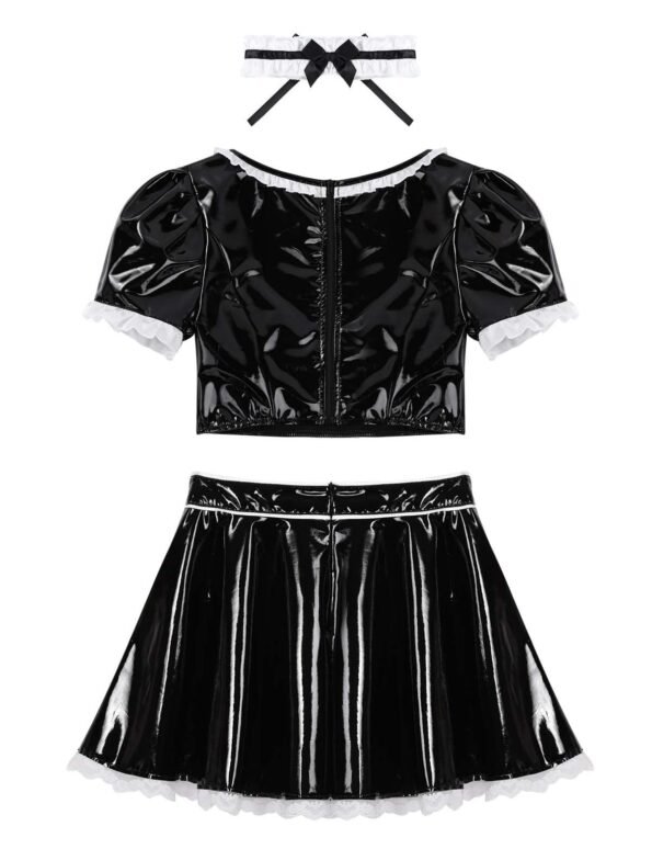 Patent Leather French Maid Costume Outfit Puff Sleeves Crop Top with Short Skirt Choker-57650