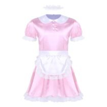 Sissy Girl Maid Doll Neck Satin Dress with Headband and Apron-0