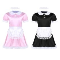 Sissy Girl Maid Doll Neck Satin Dress with Headband and Apron-58654