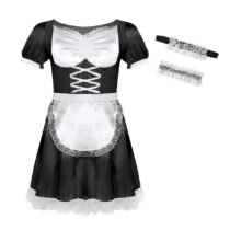 Sissy Maid Uniform Fancy Short Sleeve Satin Dress with Choker and Headband-58747