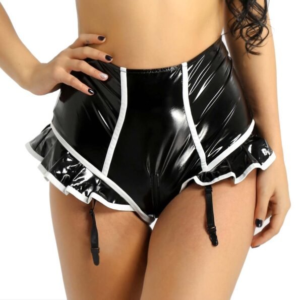 Wet Look Faux Leather Panties Zipper Open Crotch High Waist Latex Shorts-0