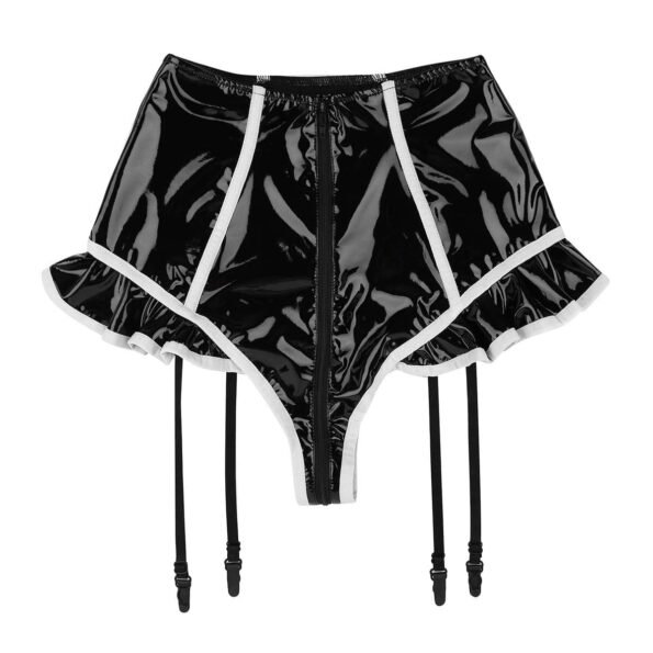 Wet Look Faux Leather Panties Zipper Open Crotch High Waist Latex Shorts-59328