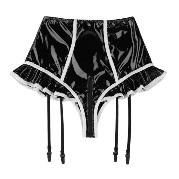 Wet Look Faux Leather Panties Zipper Open Crotch High Waist Latex Shorts-59329