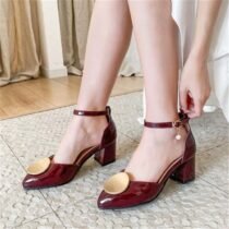 1.5 Inch Square Chunky Leather Ankle Strap Pump-0