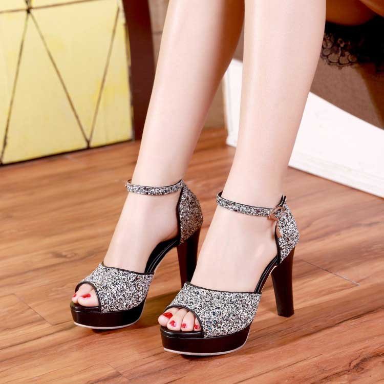 4 Inch Sequined Peep Toe Ankle Strap Sandal