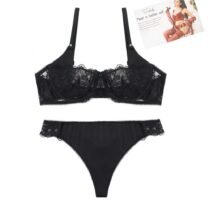 Crossdresser 2 Pc Unlined Floral Lace Half Cup Transparent Bra And Panties Set-61600