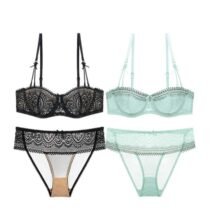 Crossdresser 2 Pcs Half Cup Lace Deep V Lingerie Ultra-Thin Bra and Panty Sets-0