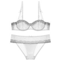 Crossdresser 2 Pcs Half Cup Lace Deep V Lingerie Ultra-Thin Bra and Panty Sets-61673