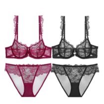 Crossdresser 2 Pcs Intimates Unlined Lace Flora Ultra-Thin Underwear Bra and Panty Set-0