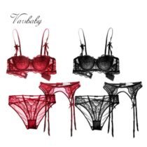 Crossdresser 2 Set Embroidery Half Cup Lingerie Bra And Panty With Garters-0