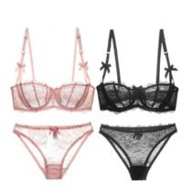 Crossdresser 2 Set Lace Ultra-Thin Transparent Half Cup For Women Bra Panty Set-0