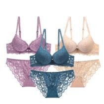 Crossdresser 3 Pcs Lace Push Up Set Solid Flower Underwire Underwear Bra and Panty Set-0