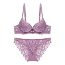 Crossdresser 3 Pcs Lace Push Up Set Solid Flower Underwire Underwear Bra and Panty Set-61882