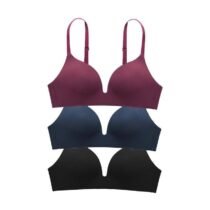 Crossdresser 3 Pcs Ladies Push Up Seamless Underwear Solid Wire Free Deep V Bras-0