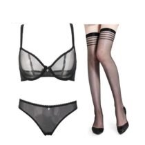 Crossdresser 3 Pcs Solid Unlined Underwear Adjusted-Straps Bra Panty Stockings Set-0