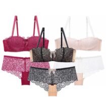 Crossdresser 3 Sets 1 2 Cup Sexy Lace Wire Free Push Up Bra Panty Underwear Set-0