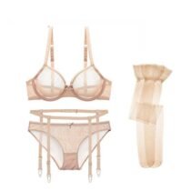 Crossdresser 4 Pcs See-Through Yarn Unlined Underwire Bra Set Garters Panties Stockings-0