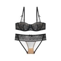 Crossdresser Lace Floral Underwear Ultra-Thin Half Cup Bra and Panty Set-0