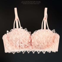 Crossdresser Rose Lace Deep V Gather Brassiere Embroidery Push up Pink Bra Panties Set-0