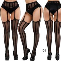 Crossdresser Solid Striped Garter Fishnet Open Crotch Pantyhose-0