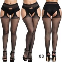 Crossdresser Solid Striped Garter Fishnet Open Crotch Pantyhose-66820