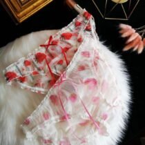 Crossdresser Strawberry Bow Lace Flower Transparent Mesh Panty-0