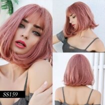 10 Inch Silky Straight Synthetic Pink Cute Bob Wigs with Bangs-0
