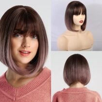 10 Inch Synthetic Short Straight Black Cute Bob Wigs with Bangs-0
