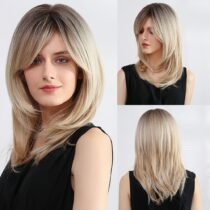16 Inch Synthetic Natural Wave Ombre Blonde Wigs with Side Bangs-0