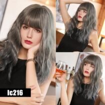 14 Inch Synthetic Medium Length Water Wave Blue Wigs with Bangs-0